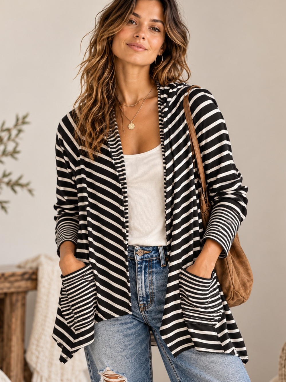 Black White Striped Hooded Cardigan Asymmetrical Draped Open Front